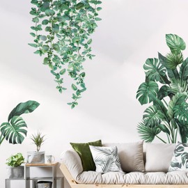 HPNIUB Pack of 3 Tropical Rainforest Plants Wall Stickers, M, Green Leaves Wall Sticker, Removable Hanging Vine Wall Picture, Spring Wall Sticker for Windows, Bedroom, Wall Decoration