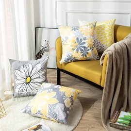 TOMMO Set of 4 Cushion Covers 45x45cm Grey and Yellow Modern Daisy with Pretty White Floral Hand Couch Sofa Decorative Throw Pillow Covers Pillow Cases Cushion Home Decor Square 18x18 Inches