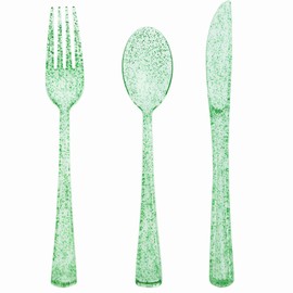 150 PCS Green Plastic Silverware, Green Glitter Plastic Utensils - 50 Forks, 50 Knives, 50 Spoons for Birthday, Baby Shower, Picnic, Graduation Party