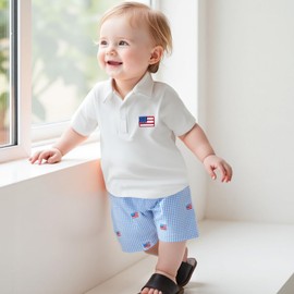 Bonangber Toddler Boy 4th of July Outfit American Flag Shirt Toddler Polo Shirt Plaid Shorts Set Fourth of July Baby Boy Outfit(B-White Flag,2-3T)