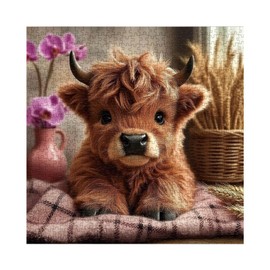 Cute Highland Cow Flower Puzzles for Adults 1000 Pieces, Funny Alpine Cattle Animal Jigsaw Puzzle, Impossible Difficult Art Puzzles