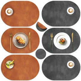 Pixieora Faux Leather Placemats and Coasters, Washable Reversible Oval Placemats 12 X 17 Inch Cowhide Pattern Place Mats Waterproof Non-Slip Kitchen Dining Table Mats (6, Gray Brown)