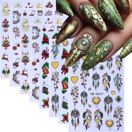 8 Sheets Christmas Nail Stickers 3D Self-Adhesive Nail Decals with Santa Claus Snowflake Elk Deer Xmas Tree Design Nail Art Stickers Gold Rhinestones Fireworks Red Wine Glass Nail Decor for Women