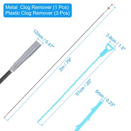 uxcell 3pcs 20 Inch Drain Hair Clog Remover Tool PP & 80 Inch Drain Cleaner Tool Sticks Stainless Steel Sewer Cleaning Hook Unclog Sink Unclogger for Toilet Bathtub Sewer, Blue