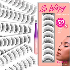 Wispy Lashes Natural Look Cat Eye Lashes,50 Pairs 5 Styles Strip Lashes Multipack,Short Natural Mink lashes 12mm,So Thin Band So Soft Comfortable Lightweight,With a Lashes Tweezers,ELIACE Lashes