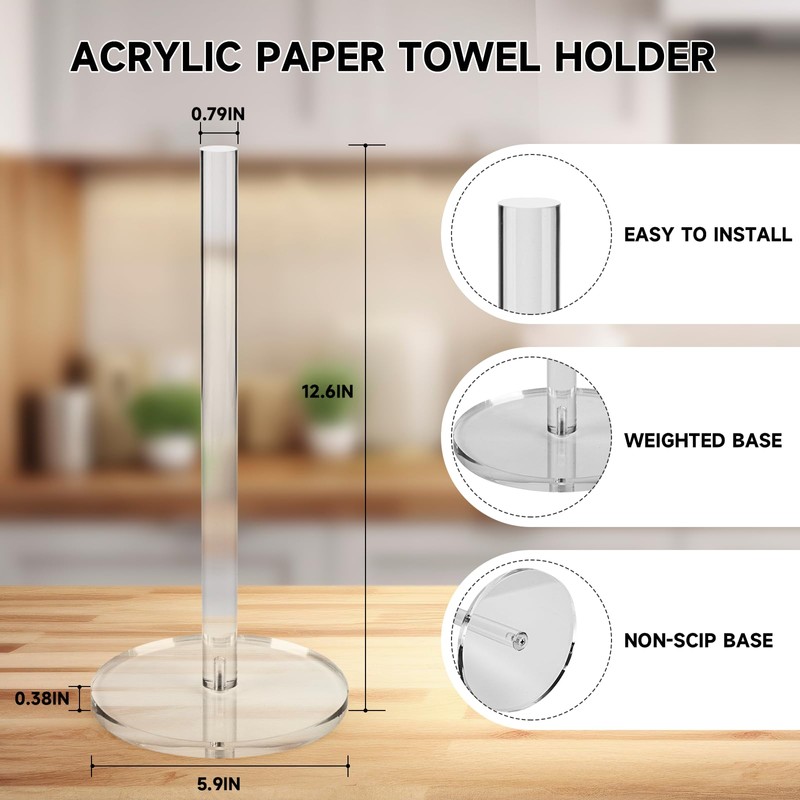 WORHE Paper Towel Holder Countertop Clear Acrylic 5.9" Diameter Thickening