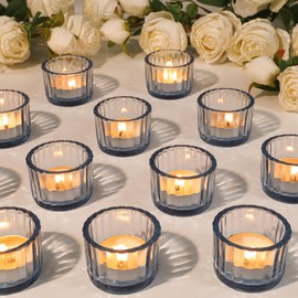 TBWIND 24 Pack Christmas Light Blue Mouth Tealight Candle Holder, Bulk Tea Light Votive Candle Holders for Centerpiece Table Decorations, Birthday Party, Wedding Centerpieces, Candlelight Dinner