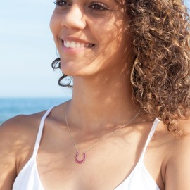 RANDES Red Ruby Horseshoe Necklace 925 Sterling Silver Created Gemstone Horse Shoe Necklace Lucky Jewelry for Women