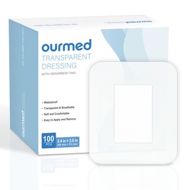 Ourmed Transparent Film Dressing with Absorbent Pad, 2.4X 2.8inch - 100Pcs, Adhesive Waterproof Bandages Ideal for Wound Care, Post Surgical Cover Pad