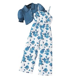 Asbabiy Girl's 2 Piece Jumpsuits Casual Overalls Rompers Outfits Puff Sleeves Top and Blue Rose Print Wide Leg Pants (Blue,8-9Y(51-54 IN))