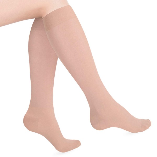 Heelbo Compression Socks for Men and Women to Relieve Discomfort associated with Varicose Veins, Improve Circulation, Soothe Tired Legs and Reduce Minor Swelling, 15-20mmHG, Beige, Small