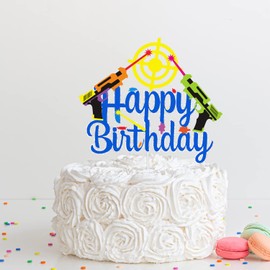 Decoración para tartas con temática de Nerf de feliz cumpleaños – Decoración para cupcakes de fiesta de guerra de dardos – Púas de pistola para decoración de pasteles para niños