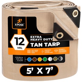 Heavy Duty Tan Poly Tarp 5' X 7' - Multipurpose Protective Cover - Durable, Waterproof, Weather Proof, Rip and Tear Resistant - Extra Thick 12 Mil Polyethylene - by Xpose Safety