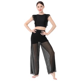 Lyrical Dance Dress for Women Black 2PCS Chiffon Crop Top Ballet Leotard Shorts Mesh Sheer Pants Contemporary Dress Backless Salsa Ballroom