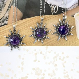 Amethyst Crystal Necklace, Reiki Sun Necklace for Women, Healing Purple Crystal Necklace for Unisex Amethyst Jewelry, February Birthstone Necklace for Men Women Gift
