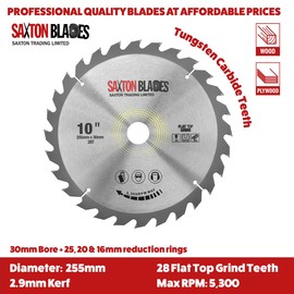 Saxton Flat Top TCT Circular Saw Blade 255mm x 28T x 30mm Bore + rings fits Bosch Makita etc