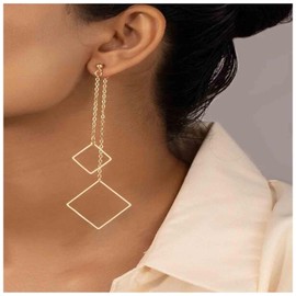 Aneneiceera Vintage Long Square Earrings Gold Square Ear Cup Earrings Double Square Earrings Geometric Dangle Earrings Jewellery for Women and Girls, Metal