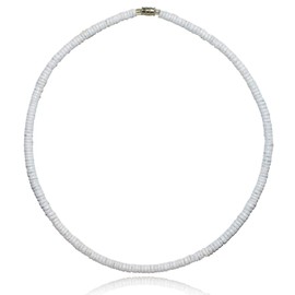 Native Treasure 24" Mens and Womens Thinline White Clam Heishe Ark Shells, Tropical Jewelry Summer Beach Surfer Necklace From the Philippines