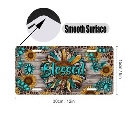 Blessed Sunflower License Plate for Women – Turquoise Teal Leopard Rustic Floral Car Tag – Cute Western Cowgirl Aesthetic Decorative Front Plate for Truck SUV