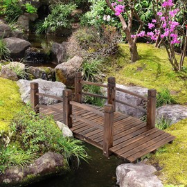 Koopee LEEXCCOS Higher Quality & Stronger Wooden Garden Bridge for Outdoors 5ft, More Durable Landscape Arch with Safety Railsm, 500lbs Capacity Decorative Pond Bridge (Stained Wood)