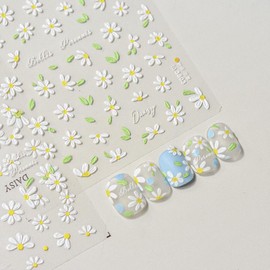 Flower Nail Art Stickers Decals, White Daisy Nail Stickers 5D Embossed Self-Adhesive Nail Art Decals Flower Green Leaves Nail Design Stickers Supplies Spring Summer Nail Accessories for Women Manicure