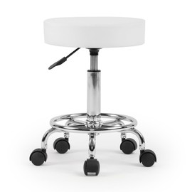 LSSBOUGHT Round Rolling Stool with Wheels Salon Stool PU Leather Height Adjustable Roller Chair for Spa Tattoo Dentist Clinic (white, 1 pcs)