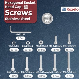 Kozelo 238pcs M6 Socket Head Cap Screws Bolts Nuts Assortment Kit - [M6x20/25/30/35/40/45/50mm] 304 Stainless Steel Allen Socket Drive for 3D Printer with Allen Wrench