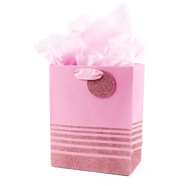 Hallmark 9" Medium Gift Bag with Tissue Paper (Pink Glitter Stripes) for Birthdays, Mothers Day, Baby Showers, Easter, Bridal Showers or Any Occasion