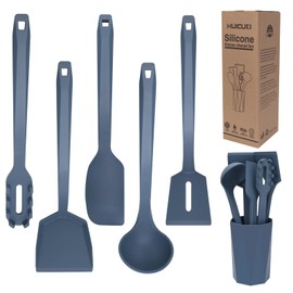 Kitchen Silicone Cooking Utensils Set of 6 with Holder Silicone Slotted Blue Spatula Spaghetti Server Soup Ladle Heat-Resistant Kitchen Utensils Tools Gadgets Set for Non-Stick Pan Baking Flipping