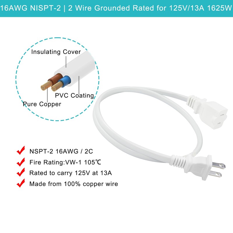 2FT Polarized 2Prong Extension Cord - White Replacement US AC