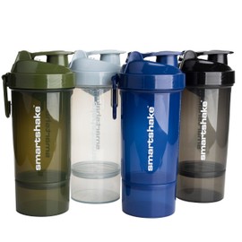 Smartshake O2GO ONE 4-Pack Protein Shaker Bottle 600 ml | 20 oz - Storage Included - Leakproof Screw-on Lid - BPA Free - Unisex - Mist Grey, Army Green, Black, Navy Blue
