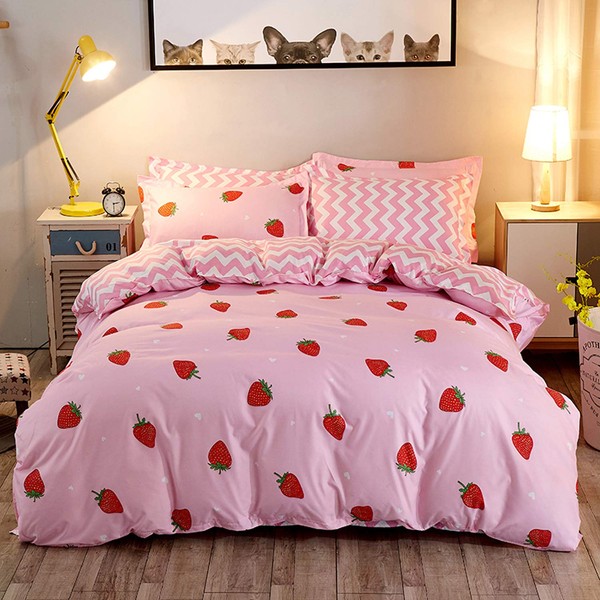 Kawaii Bedding, Pink Strawberry Decor Comforter Cover Set, for Women Girls Kids Kawaii Room Decor, Cute Strawberry Bedding Sets Soft Reversible Cute Kawaii Strawberry Duvet Cover, Twin Size
