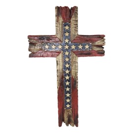 Ebros Gift Rustic Red And Blue Western Stars USA Flag Patriotic American Faux Distressed Wood Wall Cross Decor Plaque Vintage Design Hanging Decorative Crosses