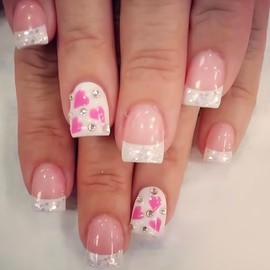 RUPOFUZA Short Press on Nails Square Fake Nails White Acrylic Full Cover False Nails Press ons White French Glue on Nails With Rhinestones Design Artificial Nails for Women Girls 24 Pcs