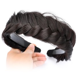 GLEDOLA Wide Messy Braided Headband with Teeth Synthetic Hair Plaited Headband High Elasticity Braids Chunky Fishtail Braided Hair Band Hairpiece for Girls Women (Brunette Brown)