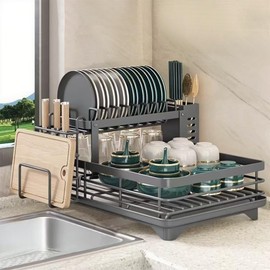 Growsun Dish Drying Rack Expandable Dish Rack for Kitchen Counter, Large Dish Drainer with Pan Holder, Stainless Steel Dish Strainer with Cup Holder and Utensil Holder, Black