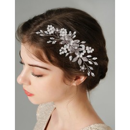 Octwine Bridal Wedding Rhinestone Hair Comb Flower Leaf Hair Comb Bridal Rhinestone Pearls Side Comb Crystal Hair Piece Wedding Party Prom Hair Accessories for Women (Silver)