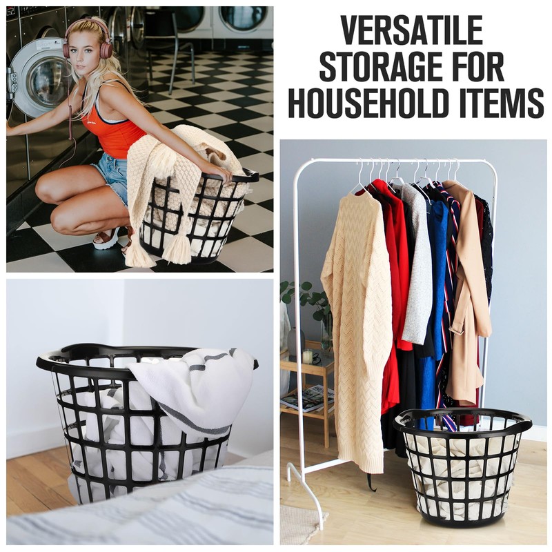 Uiifan Plastic Round Laundry Baskets with Easy Carry Handles, Black,