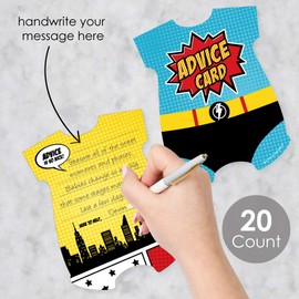 Big Dot of Happiness Bam Superhero - Comic Book Wish Card Baby Shower Activities - Shaped Advice Cards Game - Set of 20