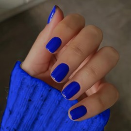 KQueenest Acrylic Press on Nails Short Square, Royal Blue False Nails Short Coffin, Glossy Natural Solid Color Small Fake Nails Set, Reusable Gel Stick on Nail for Women Finger Daily Wear 24 Pcs