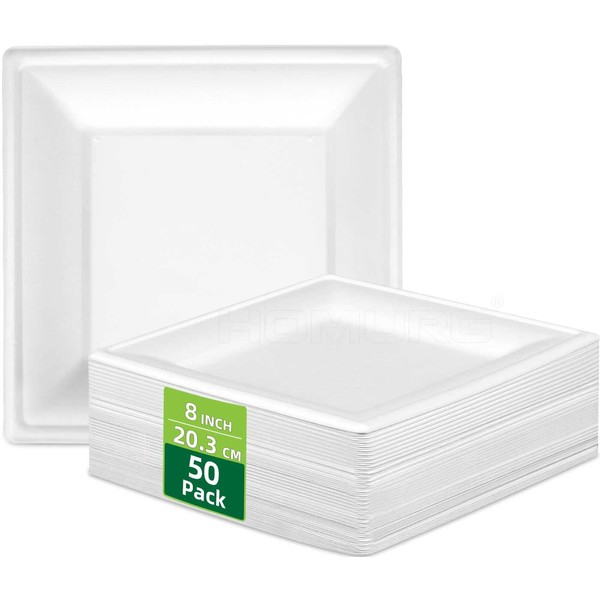 HOMURG White Paper Plates, Square, 20 x 20 cm, Pack of 50, Robust Disposable Plates and Dessert Plates, Square, Compostable Christmas Plates and Birthday Plates and Party Plates, Camping and Picnic