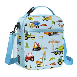 Clastyle Insulated Lunch Bag for Kids Boys | Large Portable Lunch Cooler Bag for Outdoor Picnics, Back to School, Lightweight Lunch Box with Bottle Holder, Belt | Blue Construction Trucks