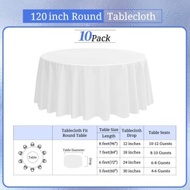REWOMC 10 Pack Round Tablecloths - 120 Inch, White Polyester Table Cover for Round Table, Stain and Wrinkle Resistant Washable Fabric Table Cloth, Polyester Tablecloth for Wedding Banquet Parties