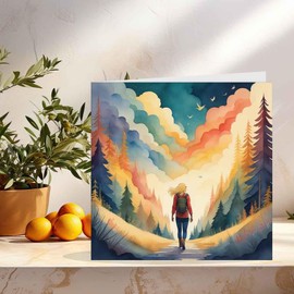 Girl in the Woods Greeting Card Hiking Adventure countryside walks 145 x 145mm