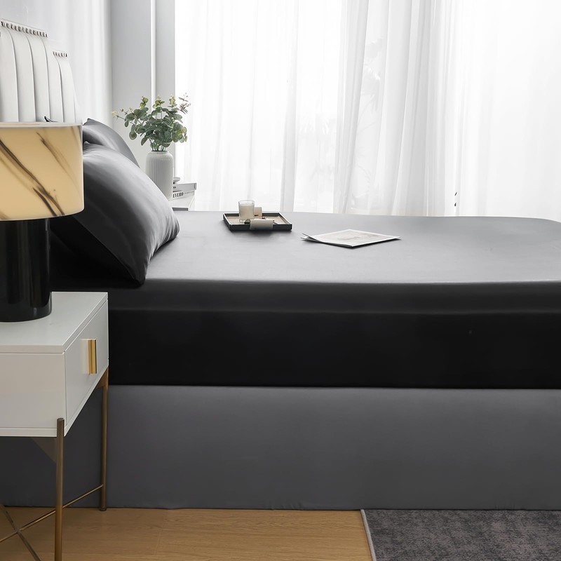 JHCHMX Satin Fitted Sheet Single,Deep Pocket Silkly Black Single Bed