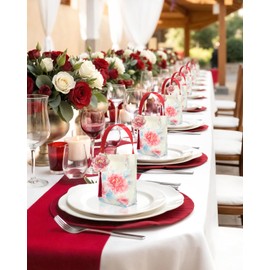 Liobelon 8 Pieces Floral Canvas Gift Bags with Handle, Flower Thank You Gift Bag Small Canvas Candy Bags for Wedding, Tea Party Favor Bags for Birthday Bridal Favors Baby Shower Christmas (Red)