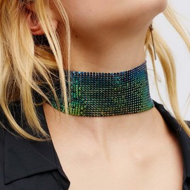 Atentuyi Green Color Chain Metal Mesh Choker Punk Sequin Choker Necklace Short Thick Choker Wide Collar Necklace Vintage Statement Choker Ball Costume Accessories Jewelry for Women and Girls