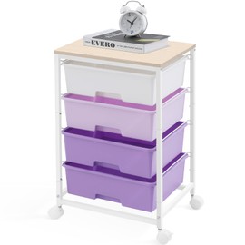 Utility Cart with 4 Drawers,Rolling Storage Cart with Drawers,Storage Rolling Drawer Cart with Wooden Tabletop for Bedroom,Kid's Room,Dorm,Classroom,Office, Purple