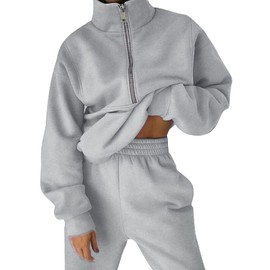 Kissonic Womens Two Piece Outfits Tracksuit Sets Half Zipper Fleece Joggers 2 Piece Long Sleeve Sweatshirts Jogger Pant(Grey-XL)