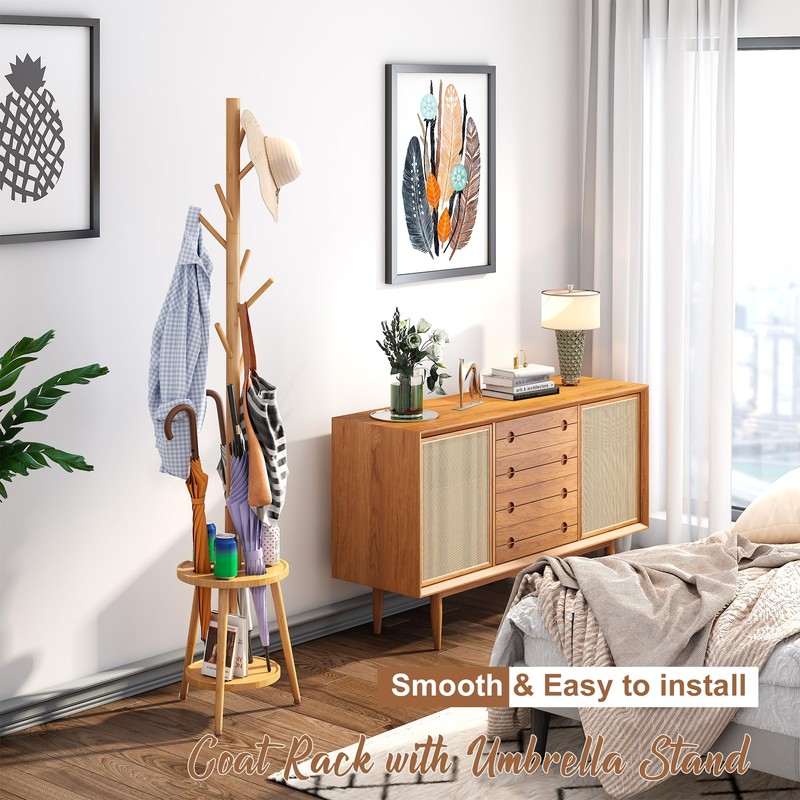 FILWH Freestanding Coat Rack with Umbrella Organizer Tray Bamboo Coat